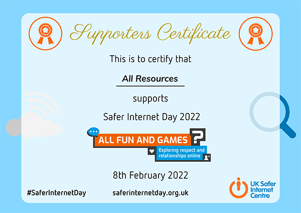 UK Safer Internet Centre support certificate for Safer Internet Day 2022