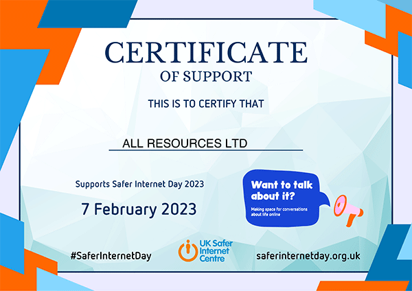 UK Safer Internet Centre support certificate for Safer Internet Day 2023